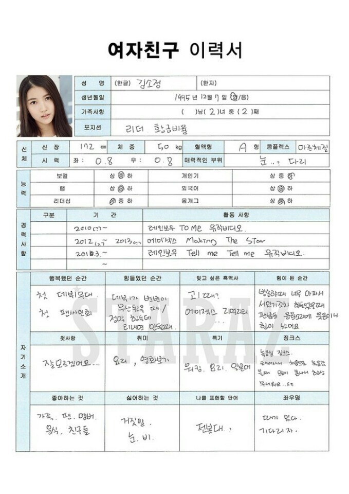 데뷔초기 여자친구 이력서 | 인스티즈
