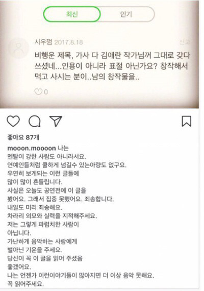 작가 글을 무단 도용하여 가사에 인용한 문문의 비행운 | 인스티즈